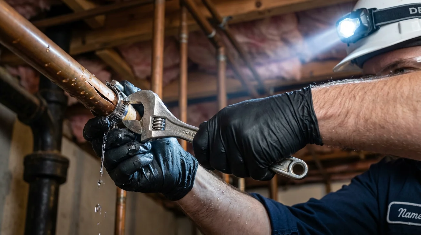 Emergency pipe clamp repair being performed by a Johns Plumbing LLC plumber in Pontiac