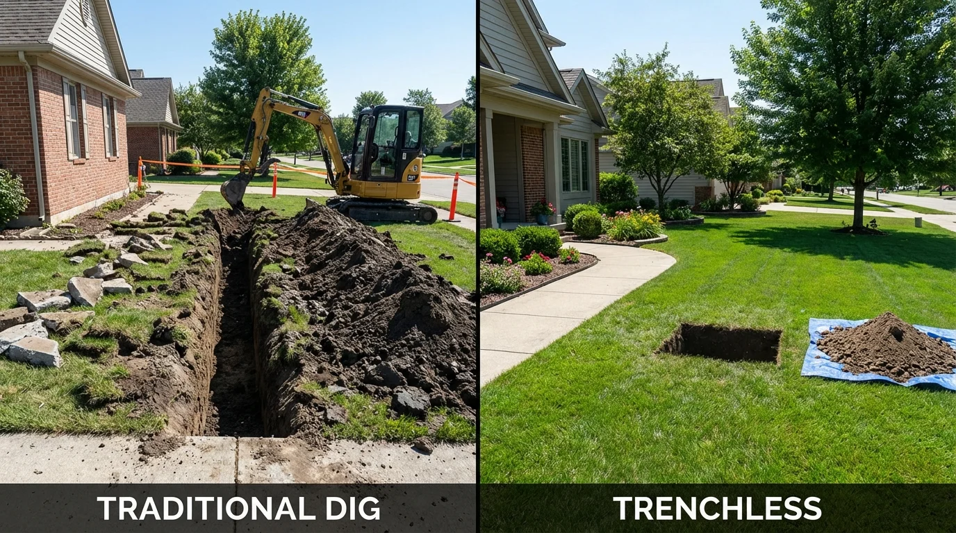 Trenchless sewer repair with minimal yard damage versus traditional excavation in Pontiac, IL