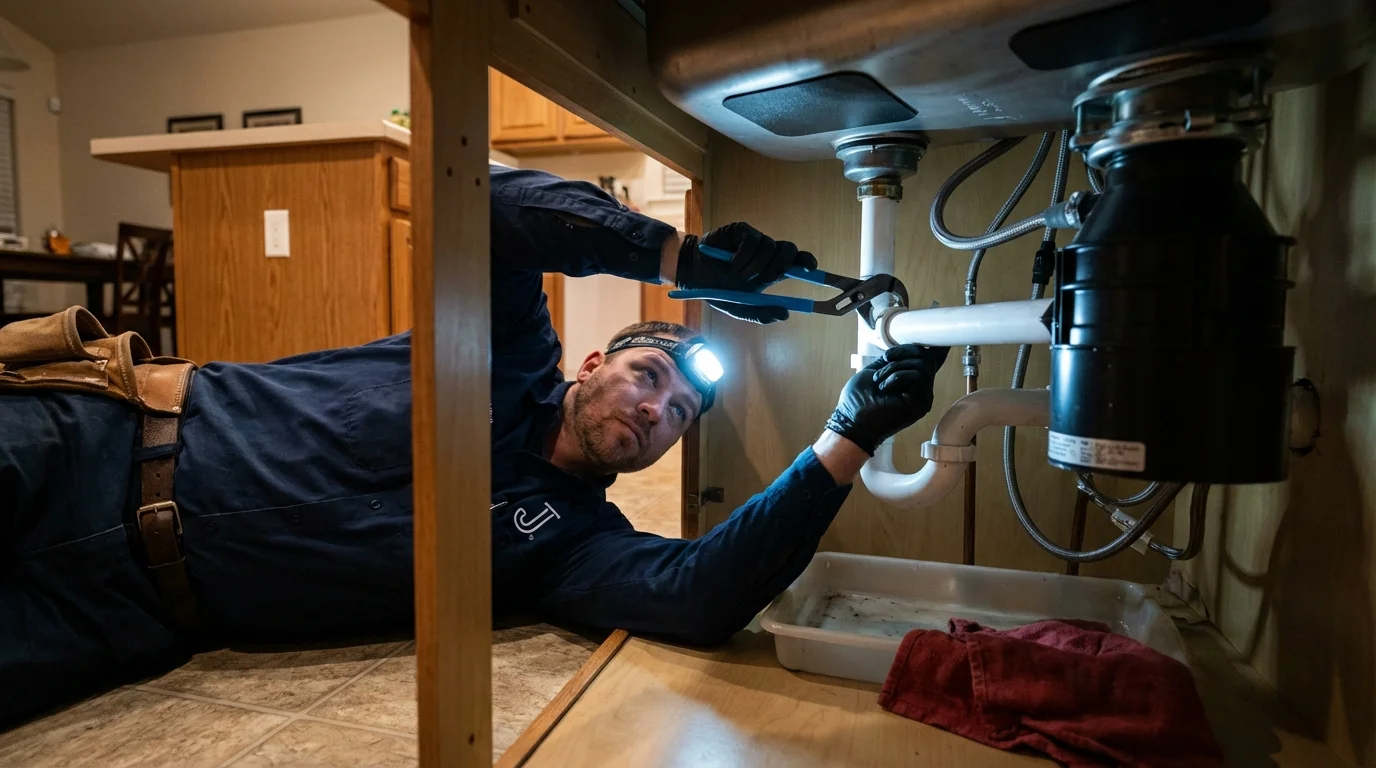 P-trap and supply line connections under a kitchen sink showing a common leak point in Pontiac, IL